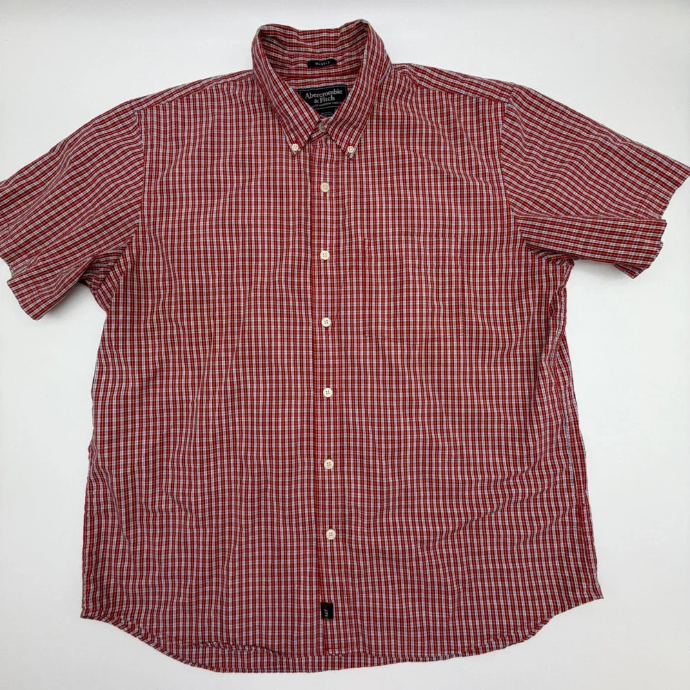 Abercrombie & Fitch Muscle Fit Plaid Short Sleeve Button Down Shirt Red XL